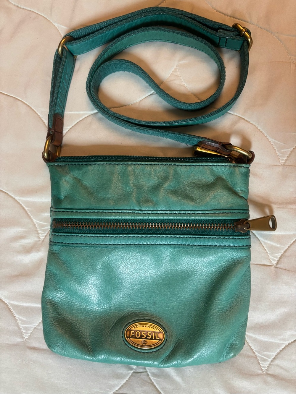 Fossil Teal Leather Crossbody Purse with Brass Accents